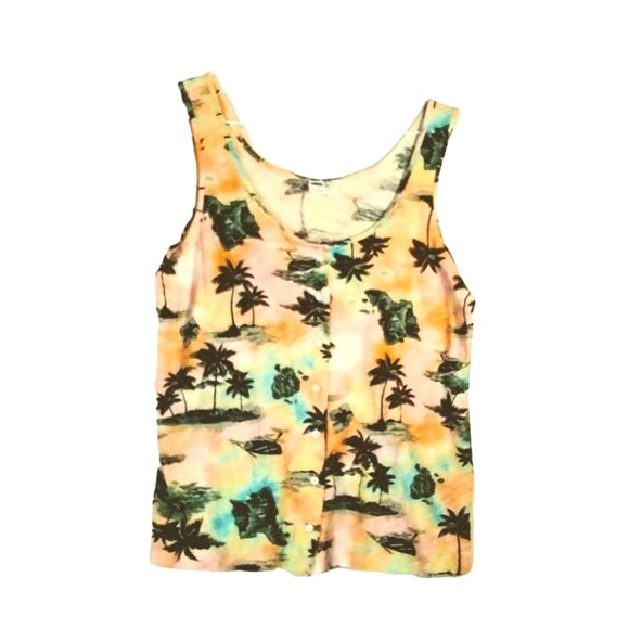 Old Navy Tank Women's S Tropical Island Palm Tree Stretchy 100% Cotton Beach - Picture 1 of 4